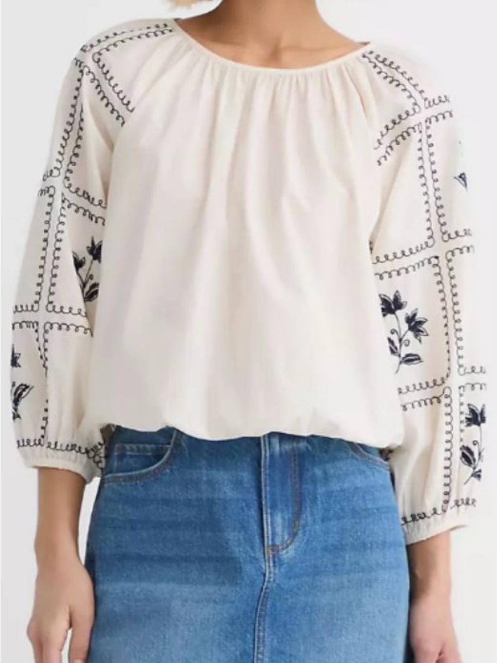 LOFT Cream Blouse with Navy Embroidered Sleeves - Picture 2 of 14